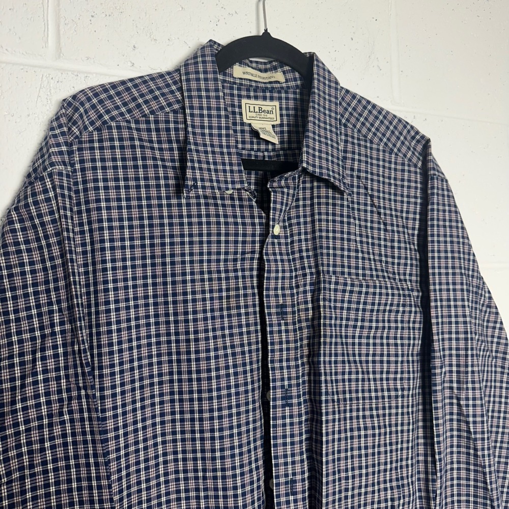 LL Bean Mens XL-Tall Plaid Button Down Shirt Blue White Wrinkle Resistant 0MT79